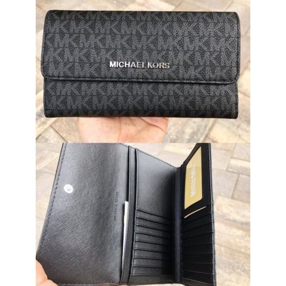 NWT Michael Kors Womens L Trifold Wallet Clutch W 17 Card Slots Pocket,Black-OS - Picture 1 of 1